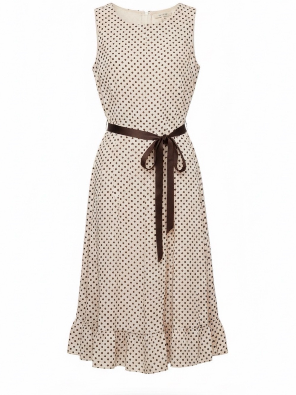 Sandra Darren Cream Polka Dot Sleeveless Midi Dress with Black Belt